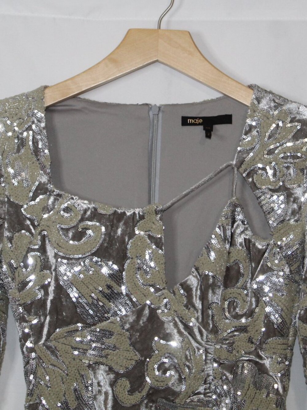 Maje women's dress size XS silver floral velvet sequin formal mini ruched cutout - Picture 3 of 14